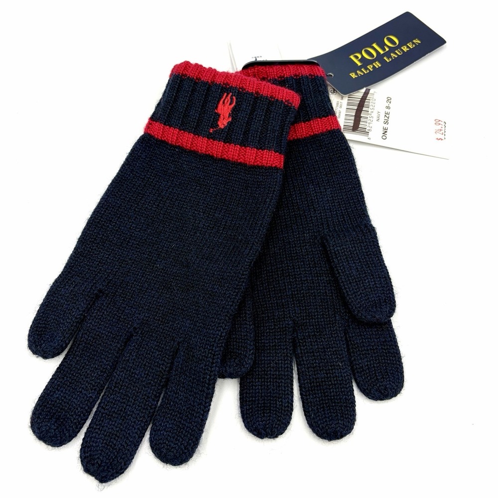New Polo Ralph Lauren 100% Wool Kid's Gloves Size 8-20 Navy Blue Red